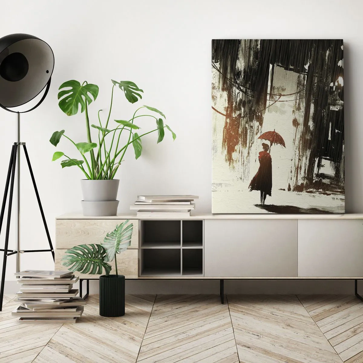 Quadro em tela - A poesia do guarda-chuva vermelho - 65x120 cm