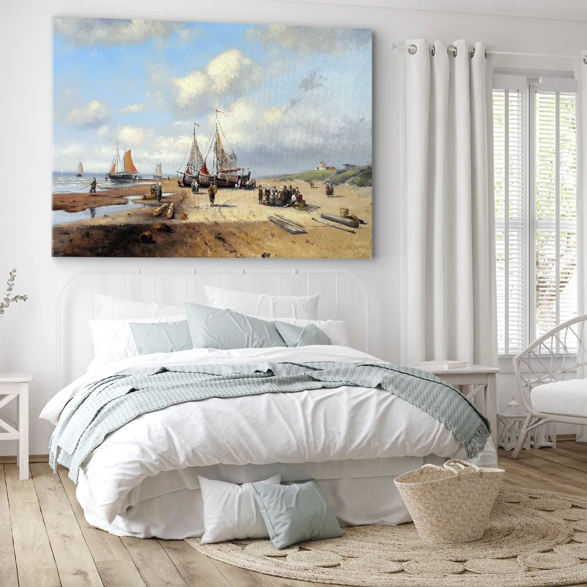 Quadro em tela - Barcos de pesca na praia com figuras humanas - 70x50cm - Pós-caça bem-sucedida - Decoração de parede moderna para a sala de estar e quarto ARTTOR