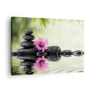 Quadro em tela - Pedras zen e uma flor rosa refletida na água - 70x50cm - Tempo para a alma - Decoração de parede moderna para a sala de estar e quarto ARTTOR