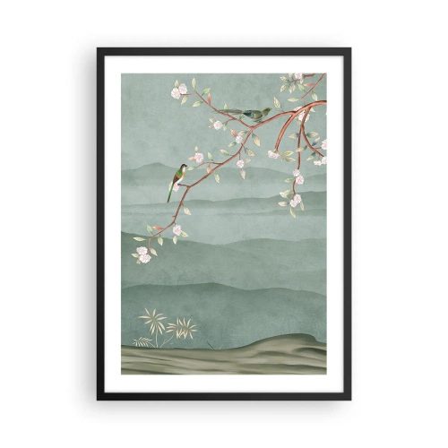 Pôster com moldura preta - Pássaros em um galho florido com vista para as colinas - 50x70cm - Primavera, oh, és tu - Decoração de parede moderna para a sala de estar e quarto ARTTOR