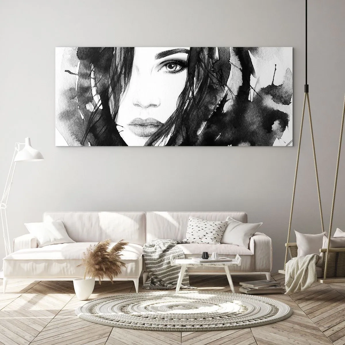 Quadro em vidro - Retrato de uma dama a preto e branco - 100x40 cm