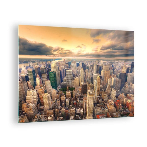 Quadro em vidro - Panorama da cidade com arranha-céus ao pôr do sol - 70x50cm - Metrópole dourada - Decoração de parede moderna para a sala de estar e quarto ARTTOR