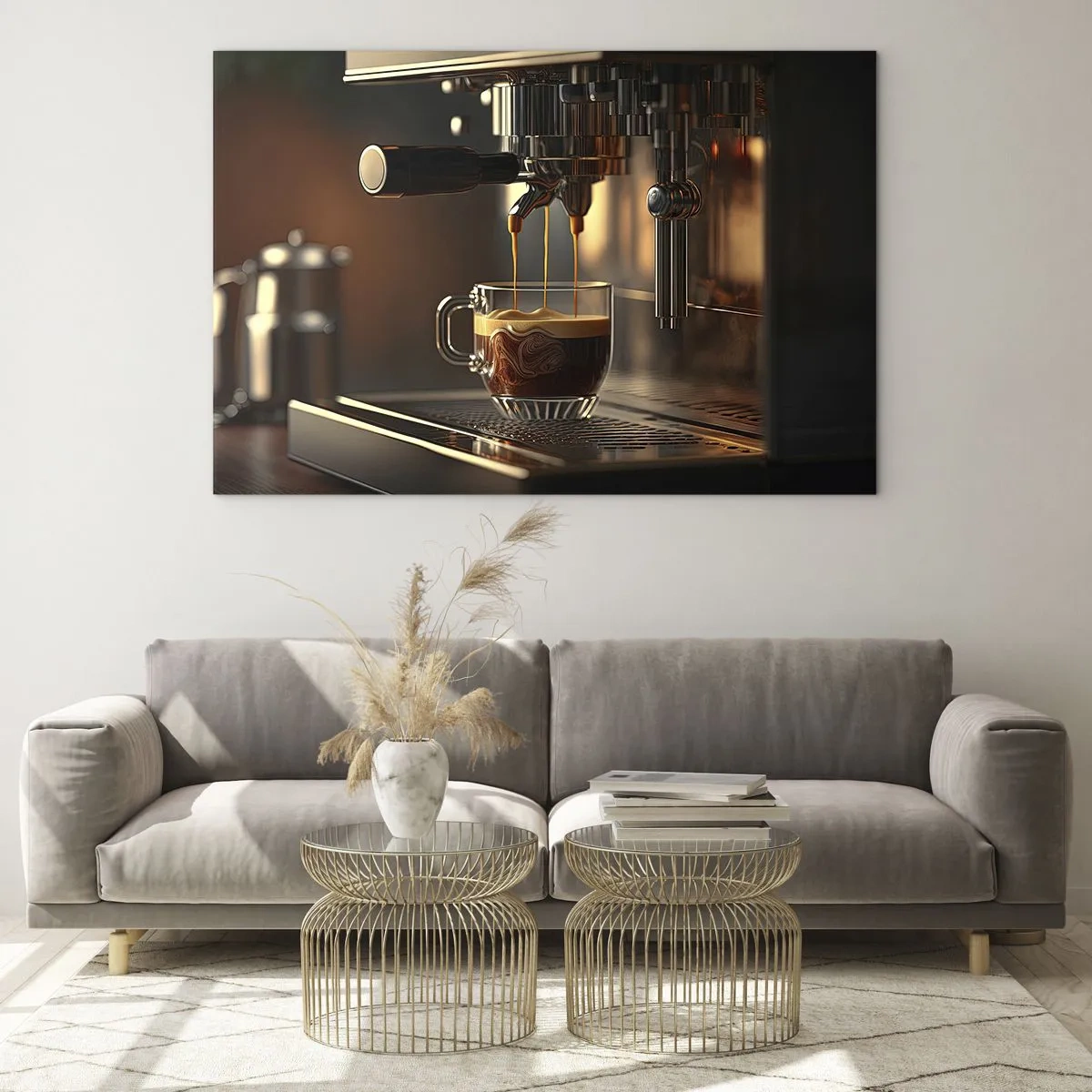 Quadro em vidro - Café expresso em copo com espuma - 70x50cm - Uma mistura sensual - Decoração de parede moderna para a sala de estar e quarto ARTTOR