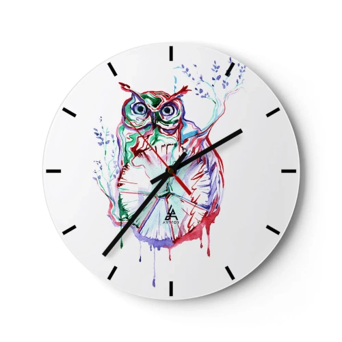 Relógio de parede - Relógio em vidro - Coruja colorida em estilo artístico sobre fundo branco - 30x30cm - Sábio por natureza - Decoração de parede moderna para a sala de estar, cozinha e quarto ARTTOR