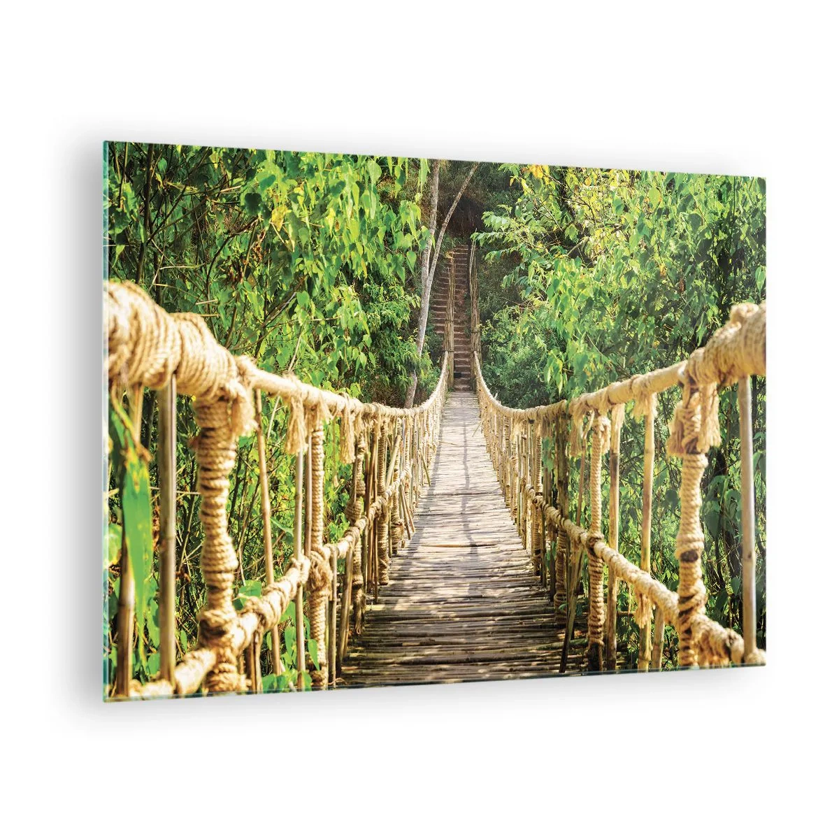 Quadro em vidro - Uma ponte de corda de madeira cercada por vegetação exuberante - 70x50cm - Suspenso na vegetação - Decoração de parede moderna para a sala de estar e quarto ARTTOR