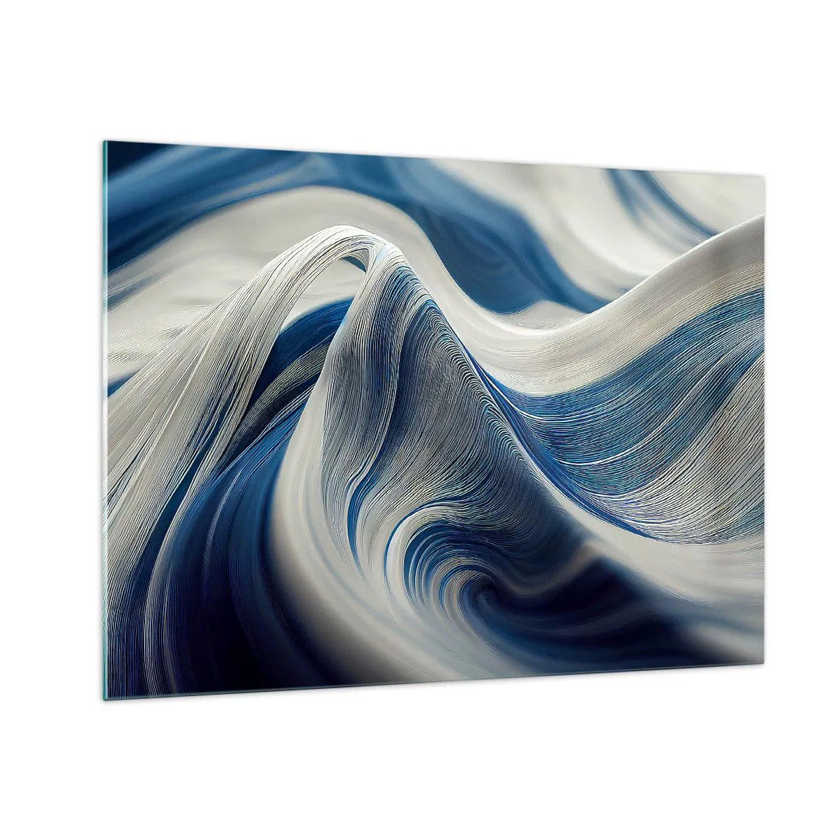 Quadro em vidro - Abstração dinâmica em tons de azul e branco - 70x50cm - A fluidez do azul e do branco - Decoração de parede moderna para a sala de estar e quarto ARTTOR