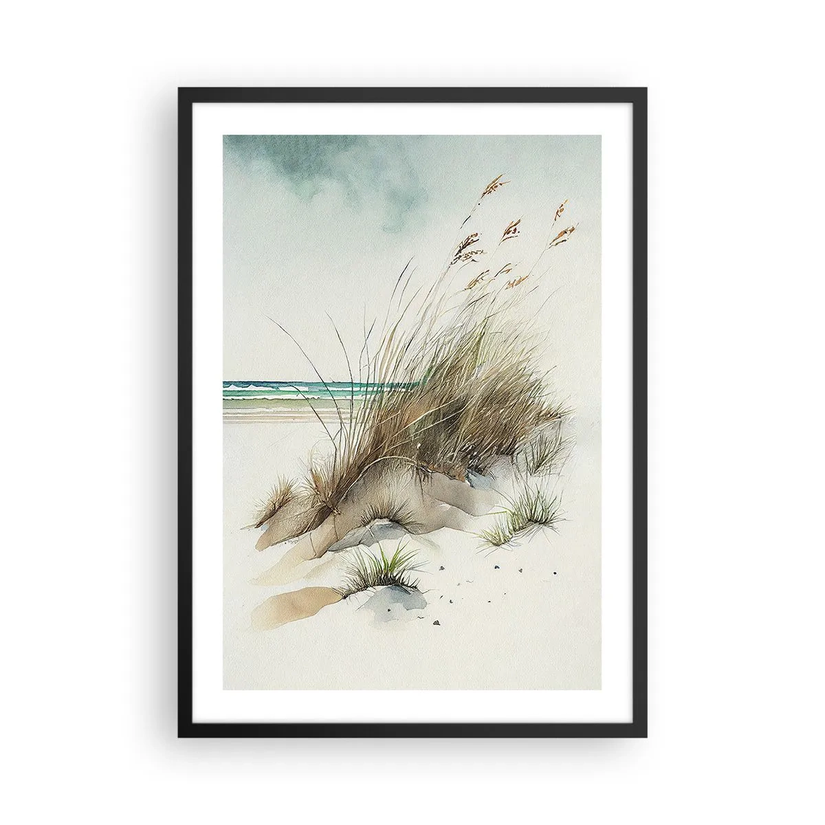 Pôster com moldura preta - Dunas em estilo aquarela com gramíneas perto de um mar calmo - 50x70cm - Coberto de areia - Decoração de parede moderna para a sala de estar e quarto ARTTOR