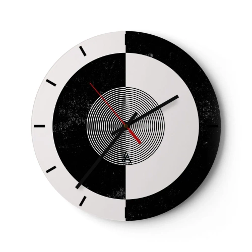 Relógio de parede - Relógio em vidro - Padrão abstrato preto e branco com círculos concêntricos - 30x30cm - Harmonia a preto e branco - Decoração de parede moderna para a sala de estar, cozinha e quarto ARTTOR