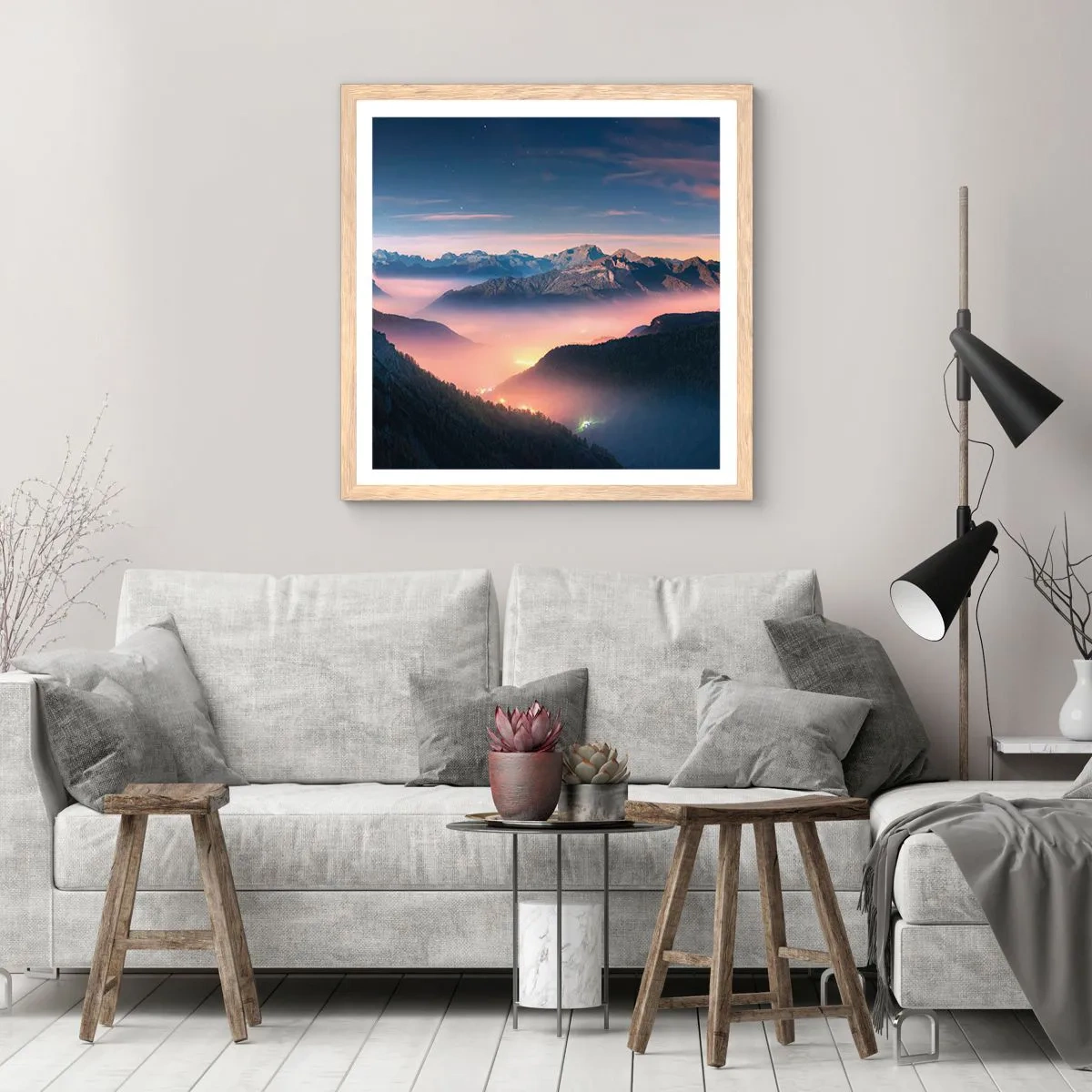 Pôster com moldura de carvalho claro - Luz nos vales - 50x50 cm