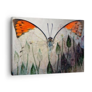 Quadro em tela - Uma borboleta com asas laranjas sobre um fundo de flores estilizadas. - 70x50cm - Onde a borboleta se esconde na relva - Decoração de parede moderna para a sala de estar e quarto ARTTOR