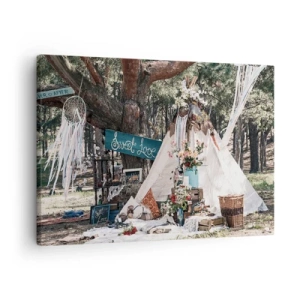 Quadro em tela - Decoração boho com uma tenda tipi na floresta - 70x50cm - Make love… - Decoração de parede moderna para a sala de estar e quarto ARTTOR