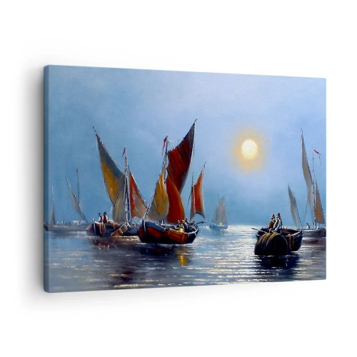 Quadro em tela - Barcos com velas em águas calmas ao pôr do sol - 70x50cm - Pesca noturna - Decoração de parede moderna para a sala de estar e quarto ARTTOR