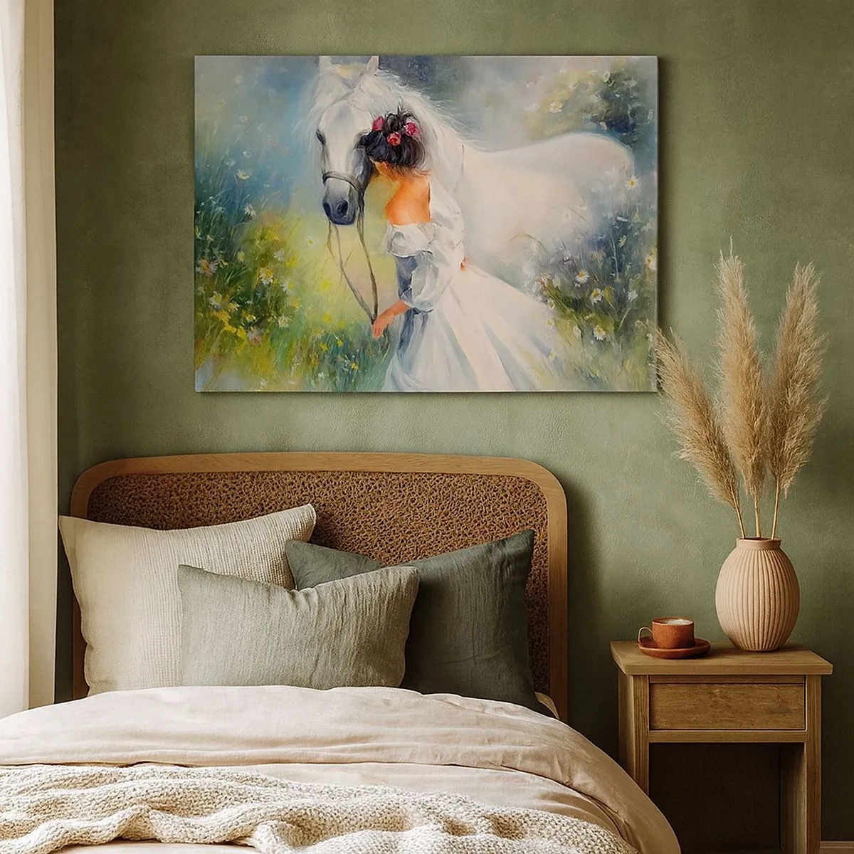 Quadro em tela - Uma mulher com um cavalo branco em um cenário pitoresco - 70x50cm - Como um belo sonho - Decoração de parede moderna para a sala de estar e quarto ARTTOR