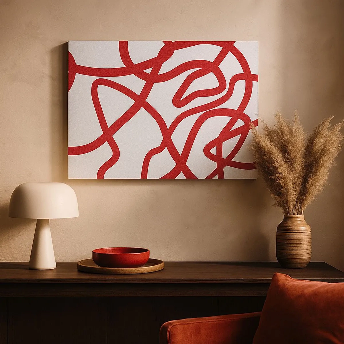 Quadro em tela - Linhas abstratas vermelhas em um fundo branco - 70x50cm - Vermelho em branco - Decoração de parede moderna para a sala de estar e quarto ARTTOR