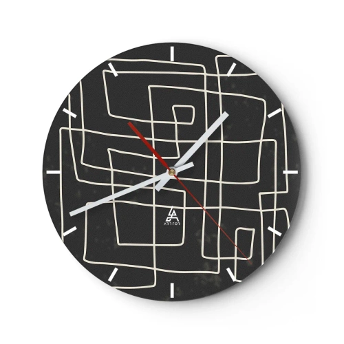 Relógio de parede - Relógio em vidro - Linhas geométricas brancas formando uma grade complexa em um fundo preto. - 30x30cm - Não é tão simples - Decoração de parede moderna para a sala de estar, cozinha e quarto ARTTOR