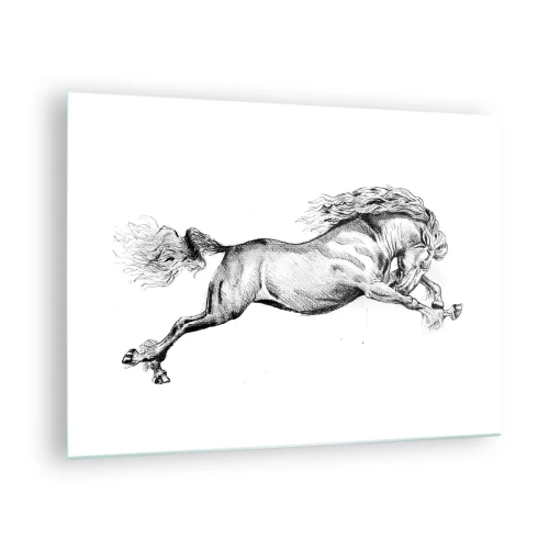 Quadro em vidro - Desenho em preto e branco de um cavalo galopando - 70x50cm - Parado a galope - Decoração de parede moderna para a sala de estar e quarto ARTTOR