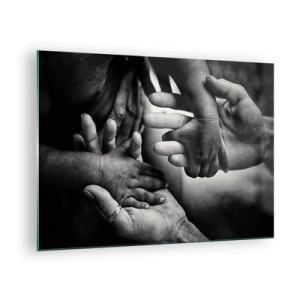 Quadro em vidro - Aperto de mão simbólico em preto e branco de diferentes gerações - 70x50cm - Ser humano - Decoração de parede moderna para a sala de estar e quarto ARTTOR