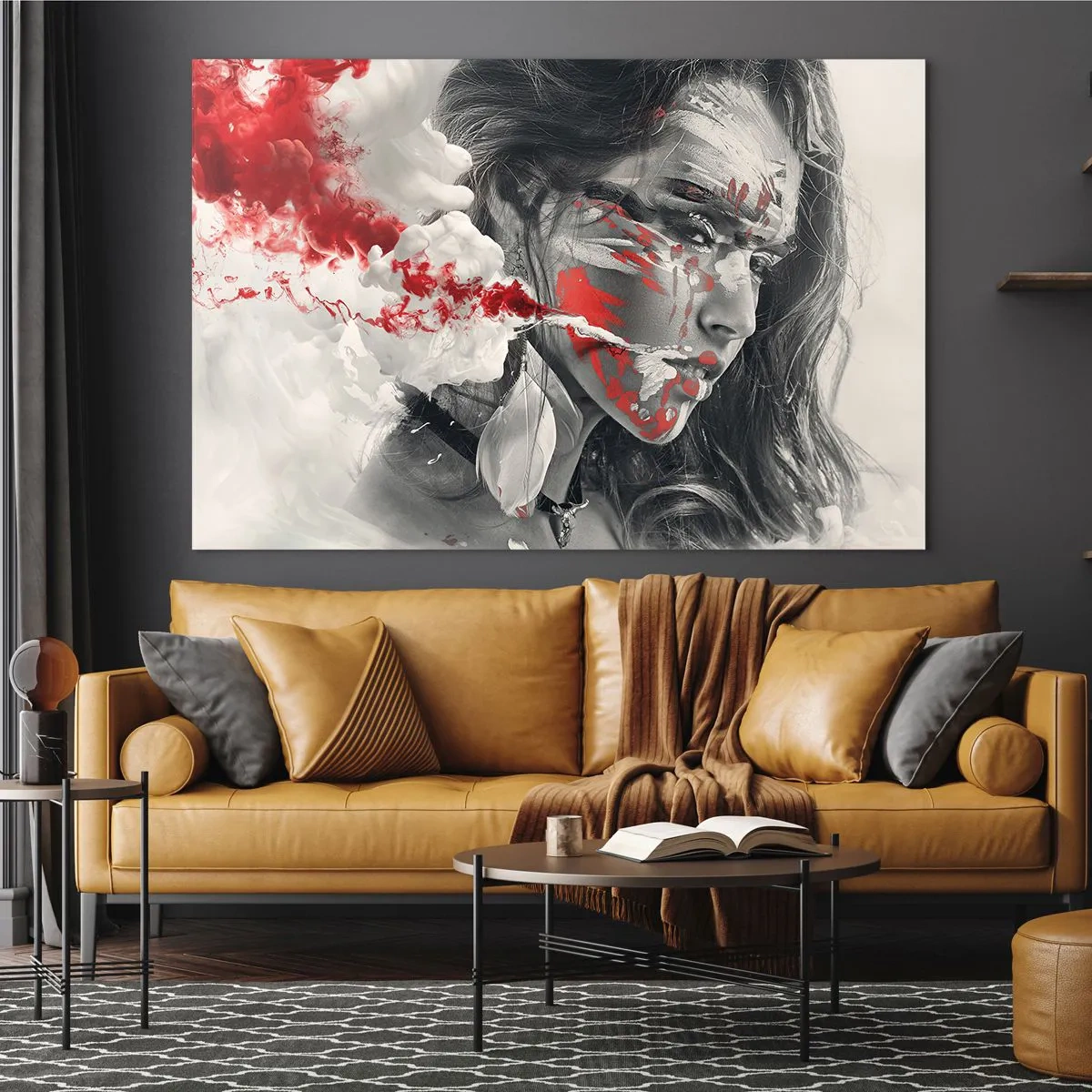 Quadro em vidro - Retrato de uma mulher com padrões abstratos vermelhos e brancos - 70x50cm - Nos fumos do absurdo - Decoração de parede moderna para a sala de estar e quarto ARTTOR