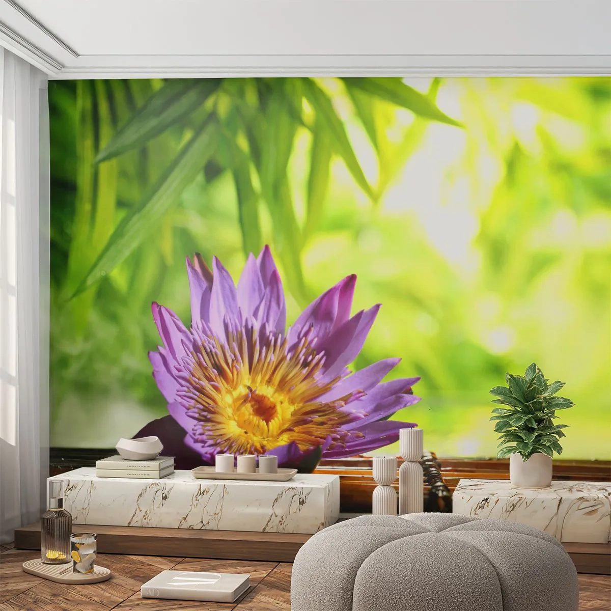 Papel de Parede Autocolante Deluxe Sticker - Sob o sol asiático - Flor, Flor de Lotus, Bambu - 250x175 cm