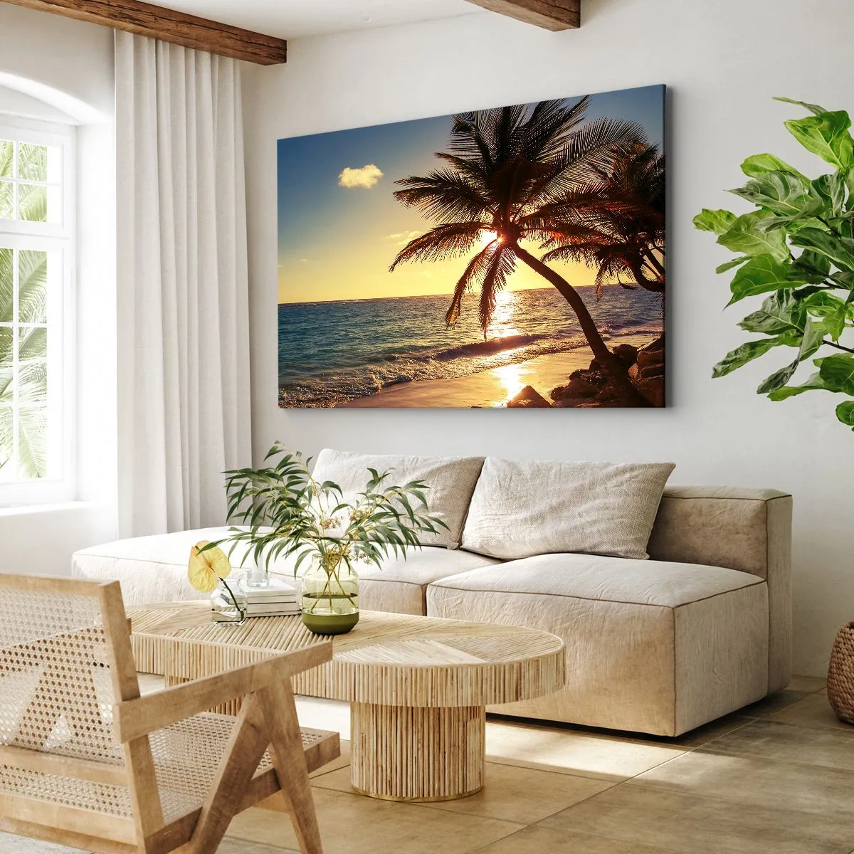 Quadro em tela - Pôr do sol tropical sobre uma praia com palmeiras - 70x50cm - Verão sob as palmeiras - Decoração de parede moderna para a sala de estar e quarto ARTTOR