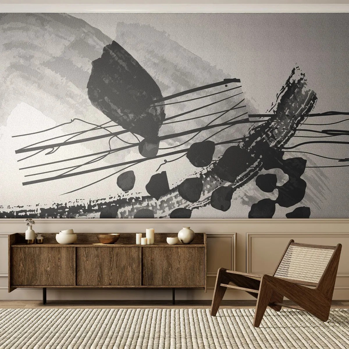 Papel de Parede Autocolante Deluxe Sticker - Abstração orgánica em preto e branco - Abstração, Moderno, Pedaço - 350x256 cm