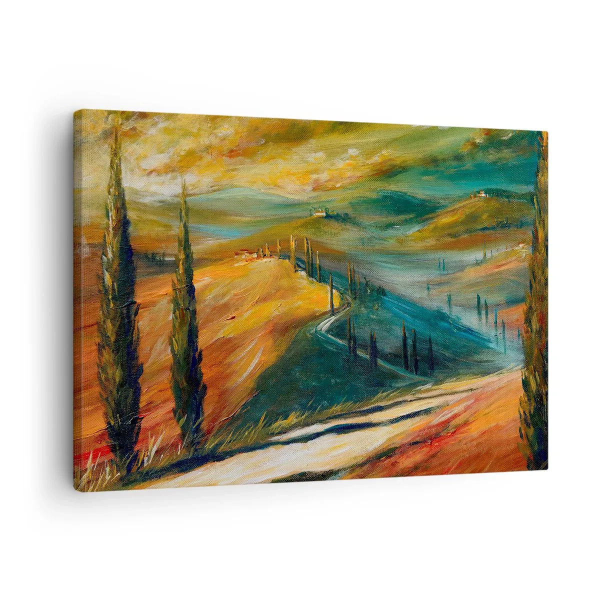 Quadro em tela - Paisagem toscana com campos, estrada e ciprestes - 70x50cm - Paisagem da Toscana - Decoração de parede moderna para a sala de estar e quarto ARTTOR