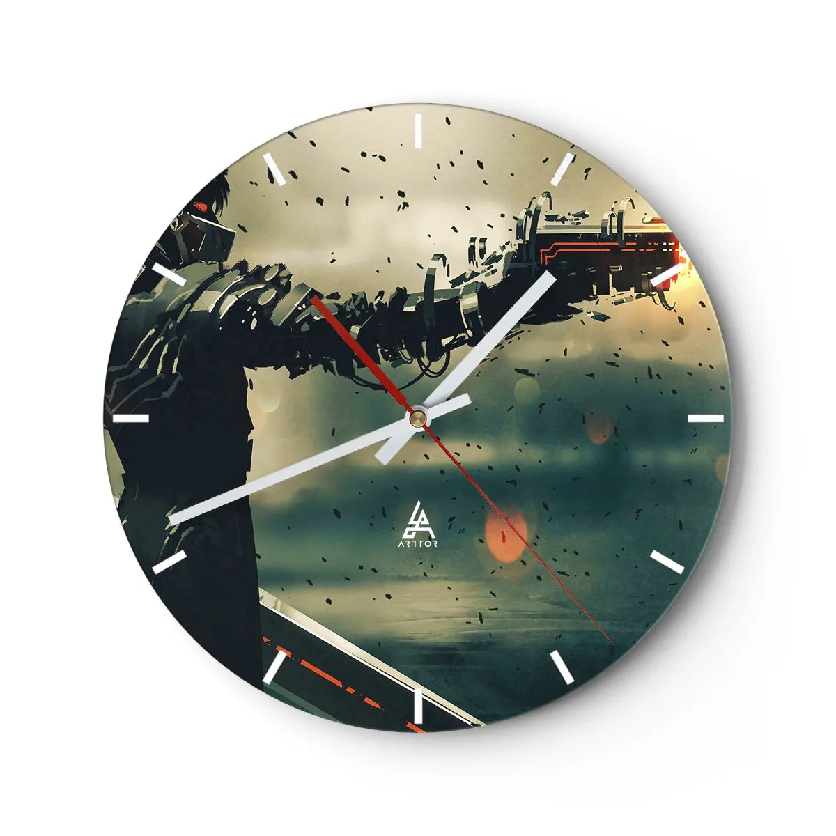 Relógio de parede - Relógio em vidro - Um personagem futurista com uma arma cibernética em um cenário dinâmico. - 30x30cm - Arma letal - seu próprio Exterminador do Futuro - Decoração de parede moderna para a sala de estar, cozinha e quarto ARTTOR