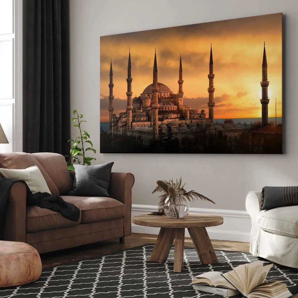 Quadro em tela - A mesquita ao pôr do sol em cores quentes - 70x50cm - Deus é grande - Decoração de parede moderna para a sala de estar e quarto ARTTOR