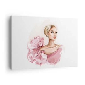 Quadro em tela - Retrato de uma mulher com um vestido rosa sobre um fundo claro - 70x50cm - Parece pintada... - Decoração de parede moderna para a sala de estar e quarto ARTTOR