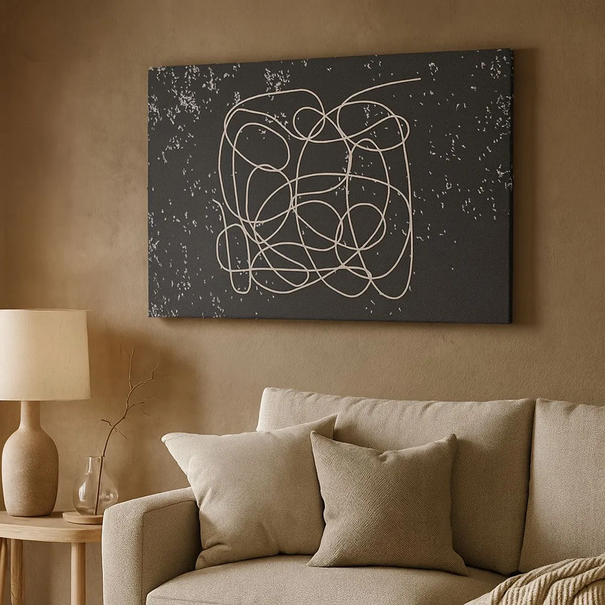 Quadro em tela - Linha abstrata em fundo preto com detalhes finos - 70x50cm - Pensamentos errantes - Decoração de parede moderna para a sala de estar e quarto ARTTOR