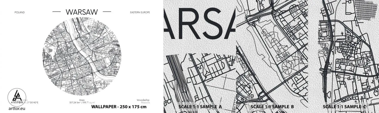 Amostra de papel de parede Premium Sand - Anatomia de Varsóvia - Mapa, Varsóvia, Polônia - 100x30 cm