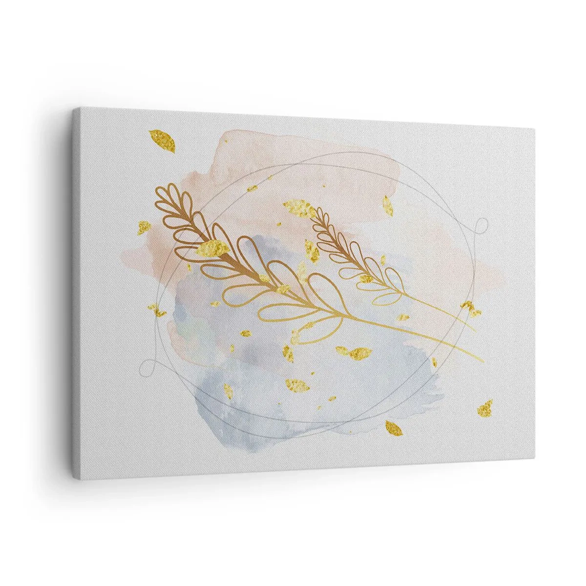Quadro em tela - Um delicado motivo de folha dourada em um fundo pastel com detalhes em aquarela. - 70x50cm - Explosão dourada - Decoração de parede moderna para a sala de estar e quarto ARTTOR