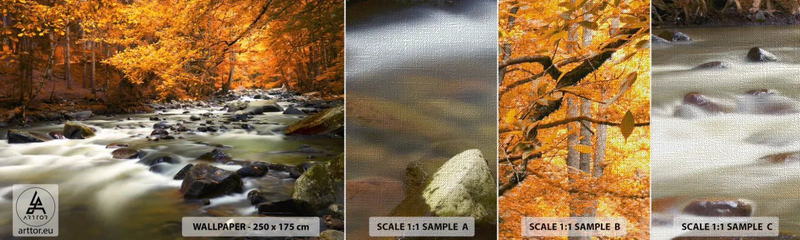 Amostra de papel de parede Premium Canvas - Um riacho na floresta dourada - Paisagem, Floresta, Córrego da montanha - 100x30 cm