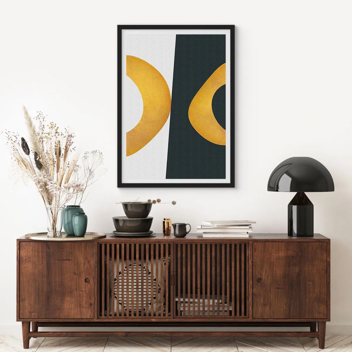 Pôster com moldura preta - Uma composição abstrata com formas dominantes em dourado e verde escuro. - 50x70cm - Primeiro: ouro - Decoração de parede moderna para a sala de estar e quarto ARTTOR
