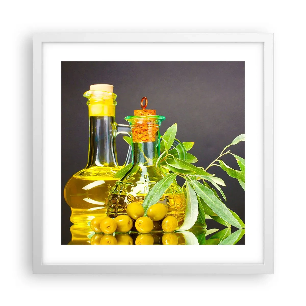 Pôster em moldura branca - Natureza morta com azeitonas e azeite - 40x40 cm