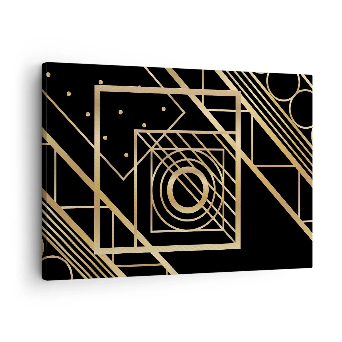 Quadro em tela - Padrões geométricos dourados em um fundo preto - 70x50cm - Geometria dourada - Decoração de parede moderna para a sala de estar e quarto ARTTOR