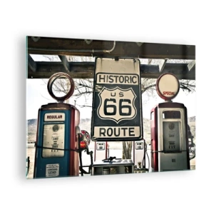 Quadro em vidro - Bombas de gasolina antigas e placa da Rota 66 - 70x50cm - Viagens retro americanas - Decoração de parede moderna para a sala de estar e quarto ARTTOR