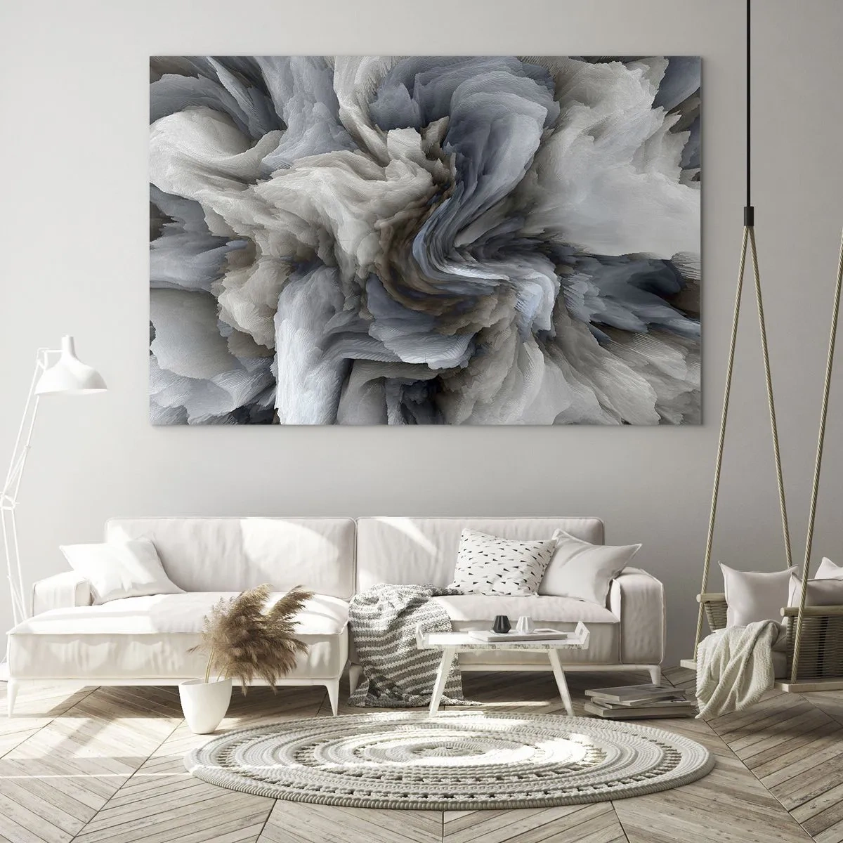 Quadro em vidro - Uma composição abstrata que lembra penas rodopiantes - 70x50cm - Pedra e flor - Decoração de parede moderna para a sala de estar e quarto ARTTOR