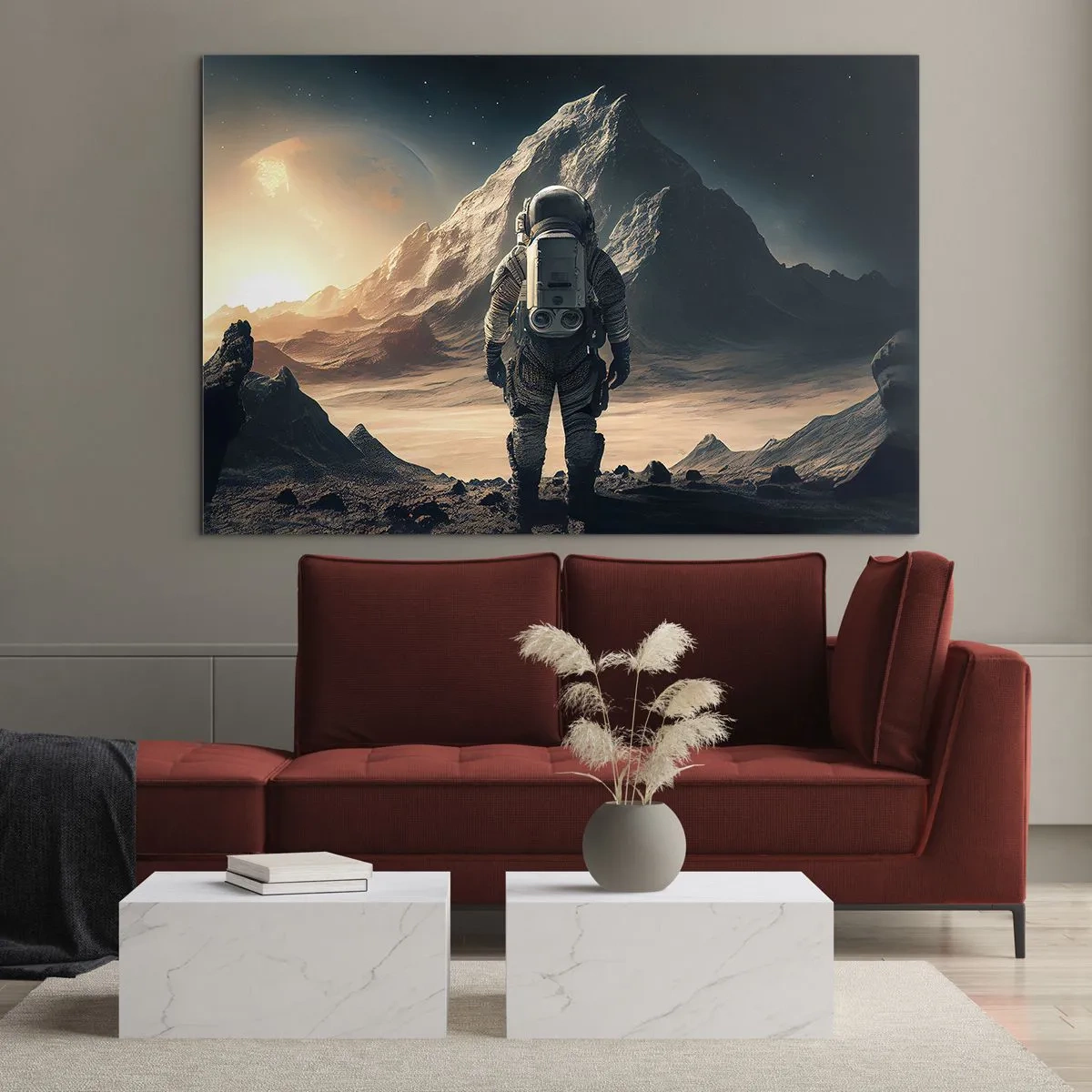 Quadro em vidro - Astronauta em um planeta alienígena com paisagem montanhosa - 70x50cm - Novo desafio - Decoração de parede moderna para a sala de estar e quarto ARTTOR
