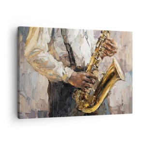 Quadro em tela - Um músico tocando saxofone em um estilo artístico - 70x50cm - Hora do solo - Decoração de parede moderna para a sala de estar e quarto ARTTOR