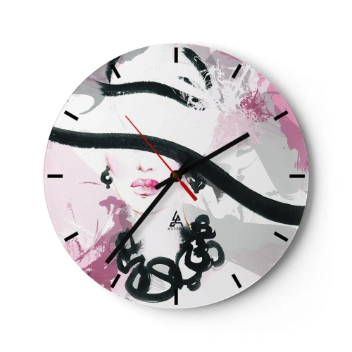 Relógio de parede - Relógio em vidro - Um retrato elegante de uma mulher em estilo preto e rosa - 30x30cm - Retrato de uma dama a preto e rosa - Decoração de parede moderna para a sala de estar, cozinha e quarto ARTTOR