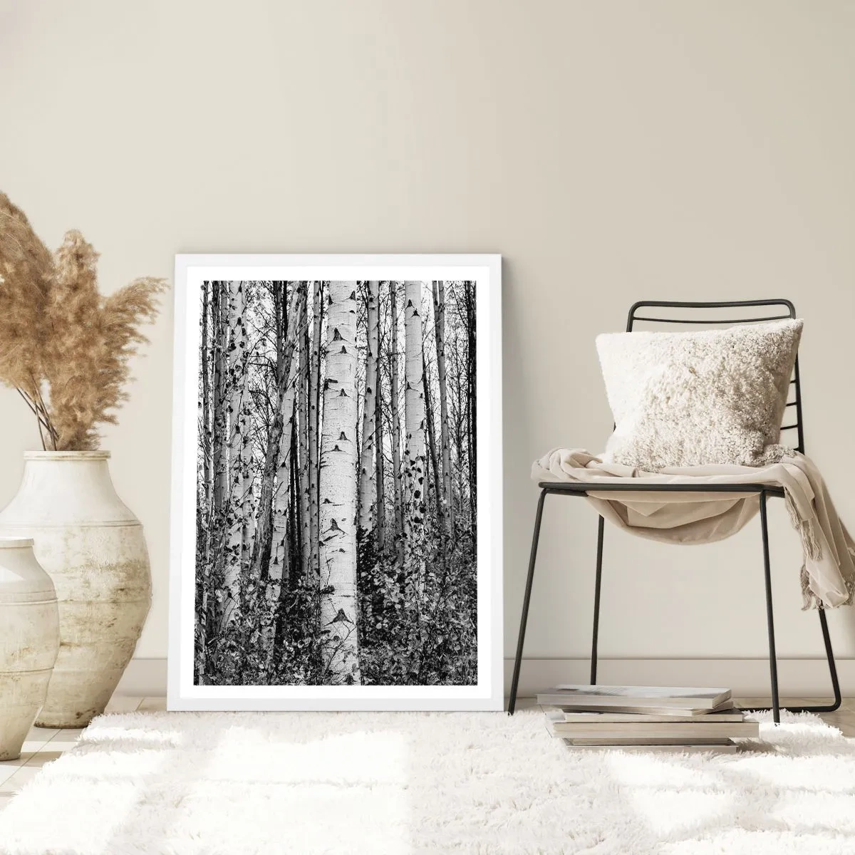 Pôster em moldura branca - Colunata de bétula - 61x91 cm