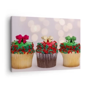 Quadro em tela - Cupcakes de Natal com granulados coloridos e laços - 70x50cm - Doces sob o laço - Decoração de parede moderna para a sala de estar e quarto ARTTOR
