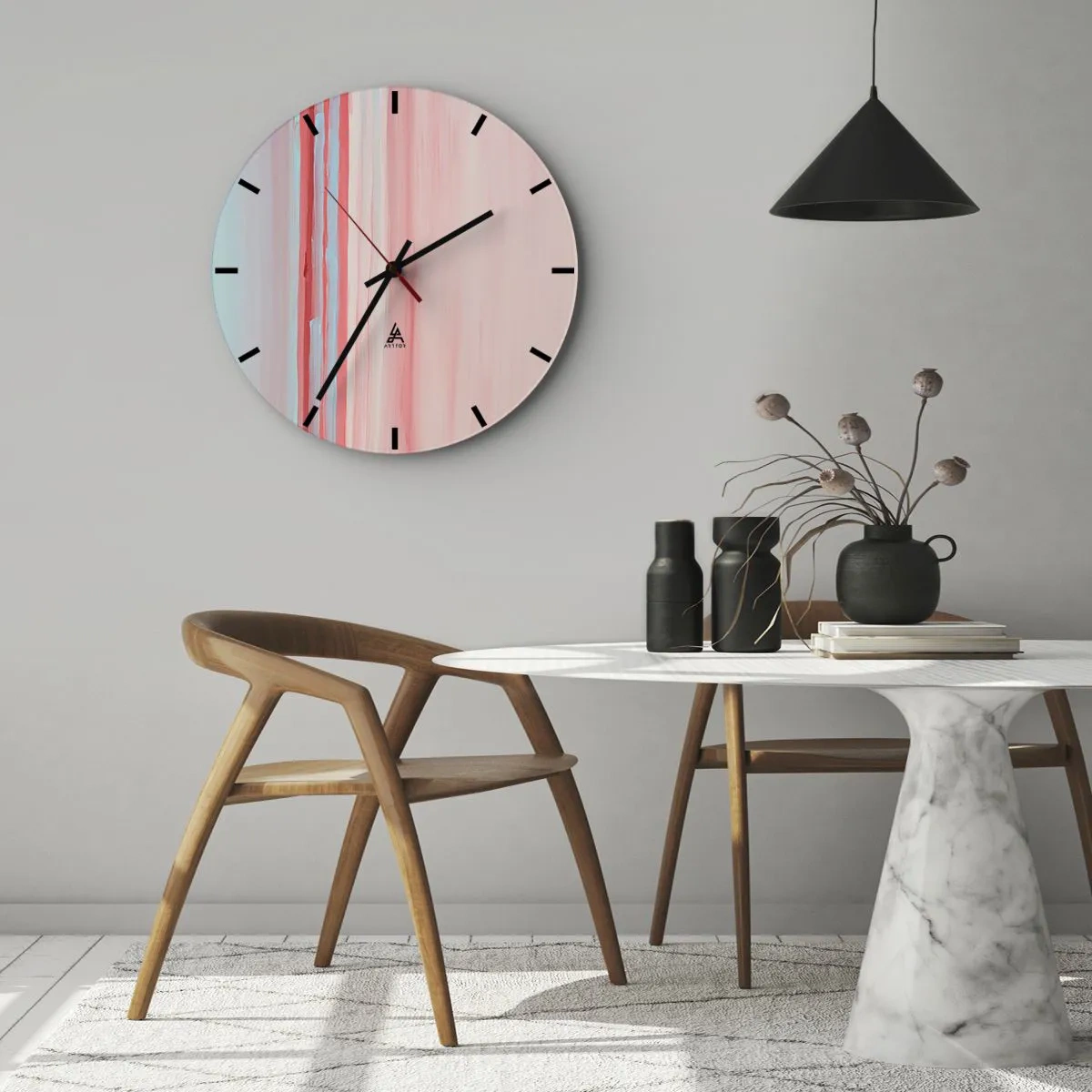 Relógio de parede - Relógio em vidro - Listras verticais em tons pastel de rosa e azul - 30x30cm - Abstração ao amanhecer - Decoração de parede moderna para a sala de estar, cozinha e quarto ARTTOR