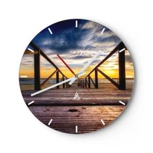 Relógio de parede - Relógio em vidro - Pôr do sol visto de um píer de madeira na praia - 30x30cm - Direto para a praia tranquila ao pôr do sol - Decoração de parede moderna para a sala de estar, cozinha e quarto ARTTOR