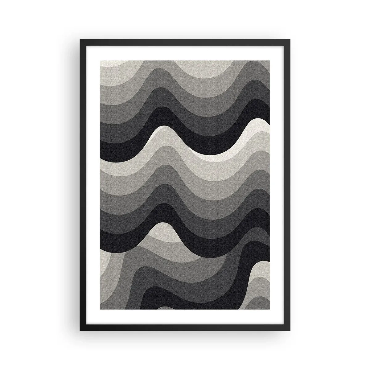 Pôster com moldura preta - Ondas geométricas em tons de preto e cinza - 50x70cm - Onda após onda - Decoração de parede moderna para a sala de estar e quarto ARTTOR