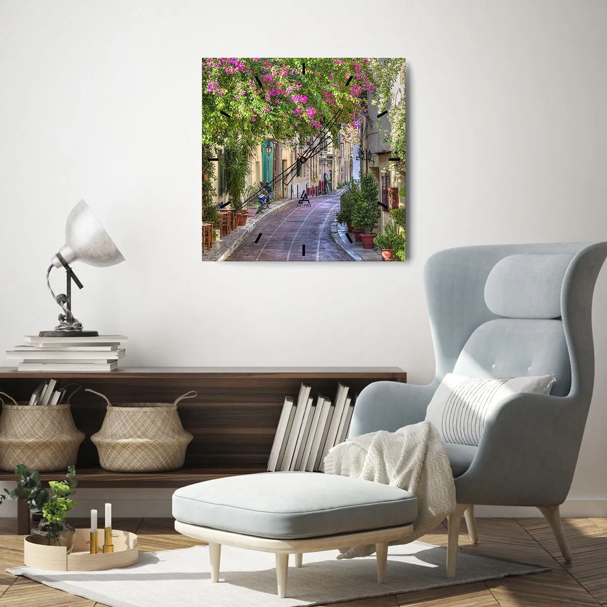 Relógio de parede - Relógio em vidro - Beco florido - 30x30 cm
