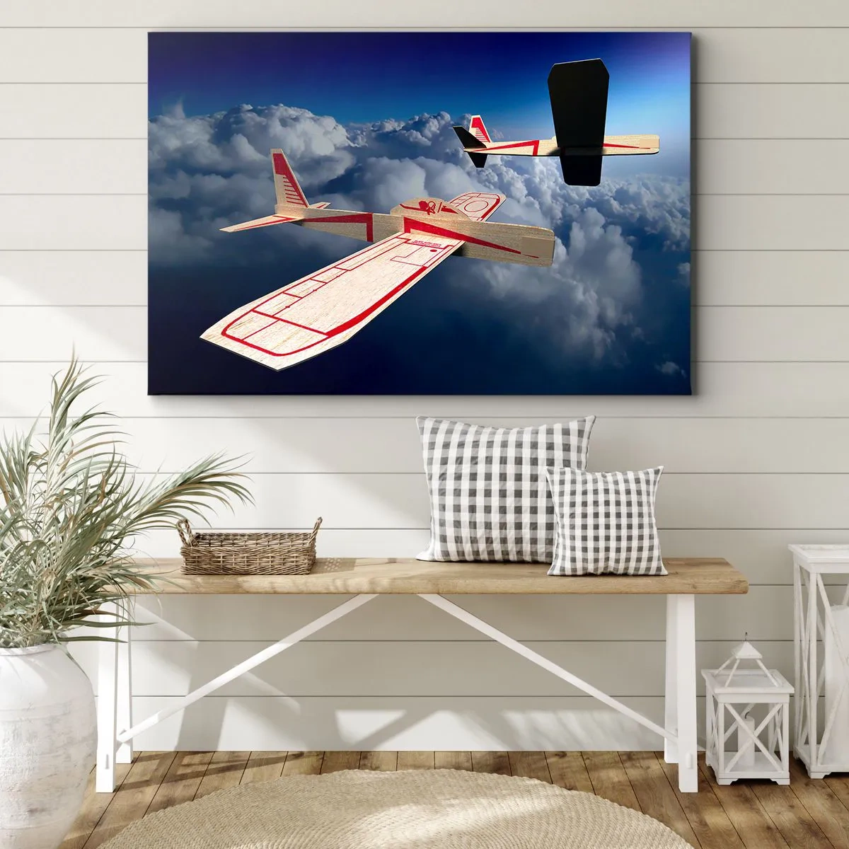 Quadro em tela - Dois aviões de madeira voando acima das nuvens contra um céu azul. - 70x50cm - Ainda maior, ainda mais longe - Decoração de parede moderna para a sala de estar e quarto ARTTOR