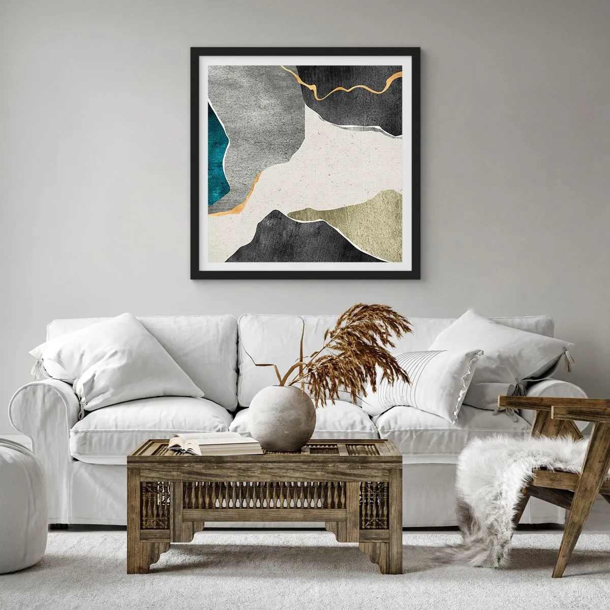 Pôster com moldura preta - Composição de mosaico com fio de ouro - 60x60 cm