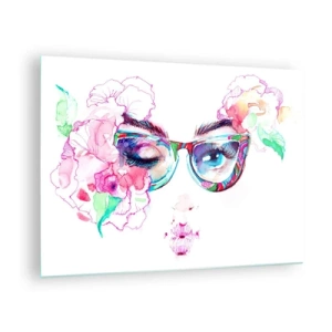 Quadro em vidro - Olhos femininos com flores e óculos coloridos em estilo aquarela - 70x50cm - Uma promessa tentadora - Decoração de parede moderna para a sala de estar e quarto ARTTOR